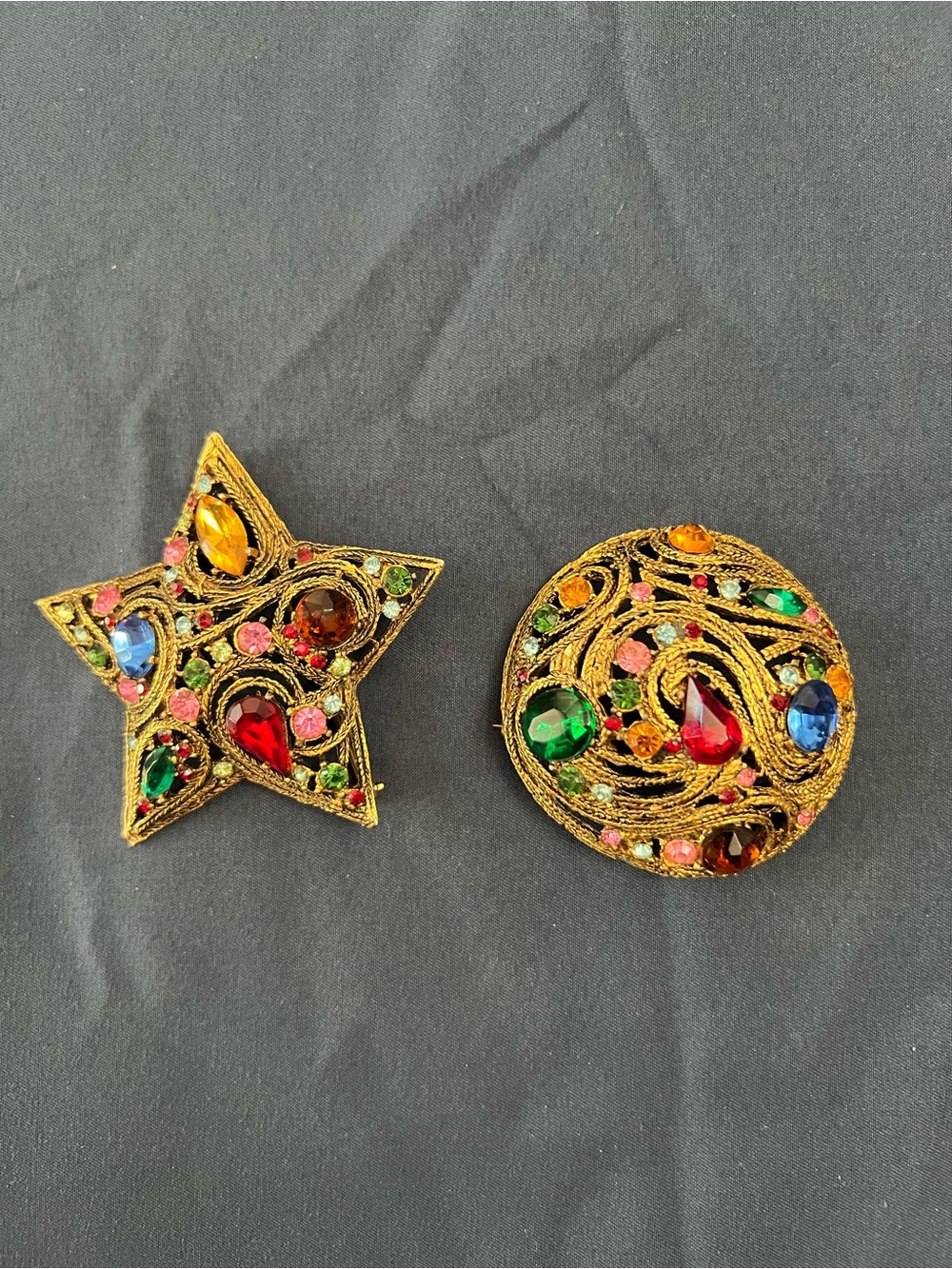 Vintage Gold-Tone Multi Gem Star and Round Brooch Set